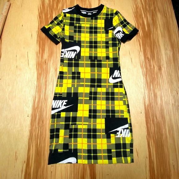 Nike Plaid T Shirt Dress Women's Size Small Yellow Navy‎ Blue - Picture 1 of 7
